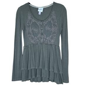 Knox Rose Babydoll Peplum Embroidered Lace Applique Boho Shirt XS Olive Y2K Goth